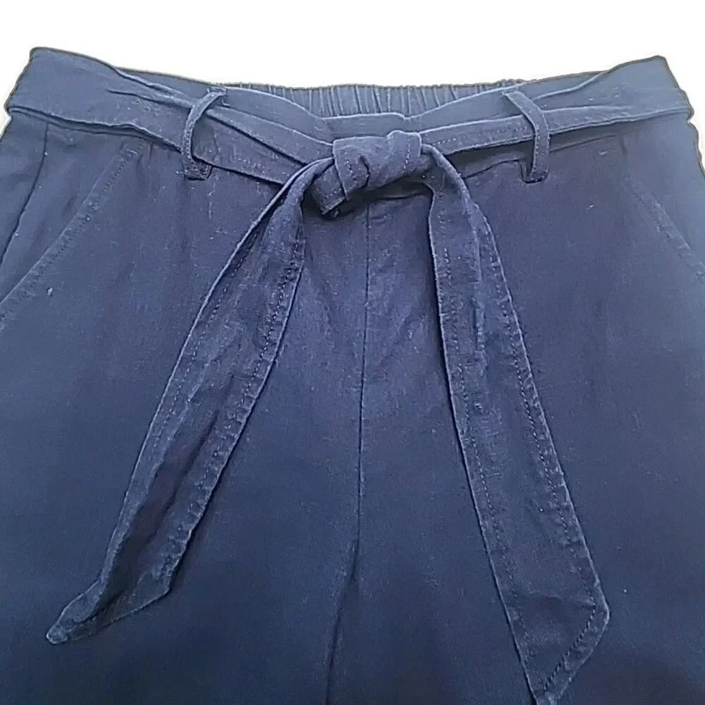 J Crew Pants Linen Blend Blue Wide Leg Elastic Waist Tie Women Size 6 Pull-On